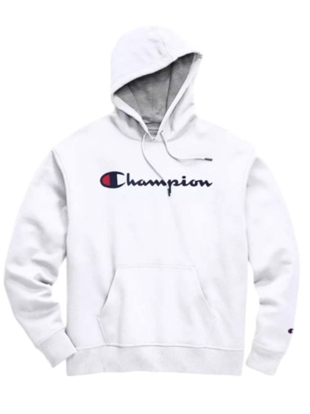 Champion Powerblend Hoodie Pullover Sweatshirt Script Logo White Grey Lined Hood